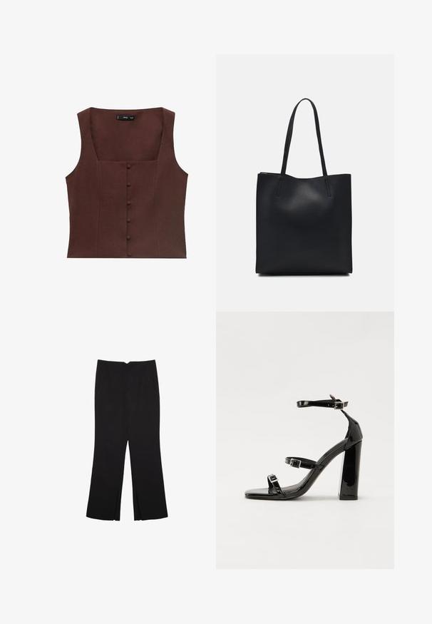 Top senza maniche marrone con scollatura quadrata, caratterizzato da dettagli di bottoni frontali e un tessuto liscio e testurizzato.; Pantaloni neri a gamba dritta, con tasche frontali e spacchi laterali all'orlo. Realizzati in tessuto morbido e liscio. Adatti a diverse occasioni.; Sandali con tacco in vernice nera, con punta squadrata, cinturini alla caviglia e fibbie in argento. Presentano un tacco a blocco spesso per maggiore stabilità.; Borsa tote in pelle nera con texture liscia, forma rettangolare e due manici lunghi. Nessun hardware o decorazione visibile.