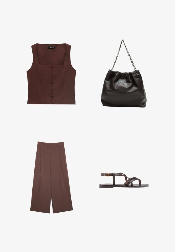 Top senza maniche marrone con scollatura quadrata, caratterizzato da dettagli di bottoni frontali e un tessuto liscio e testurizzato.; Pantaloni ampi marroni con una texture liscia, caratterizzati da una vita alta e pieghe frontali. Il tessuto è leggero e scorre liberamente.; Sandal in pelle marrone con cinturini incrociati, chiusura con cinturino alla caviglia e suola piatta con dettagli di cucitura minimi.; Borsa in pelle marrone con parte superiore arricciata e tracolla a catena. Texture liscia con finitura lucida e dettagli di cucitura sottili sui lati.