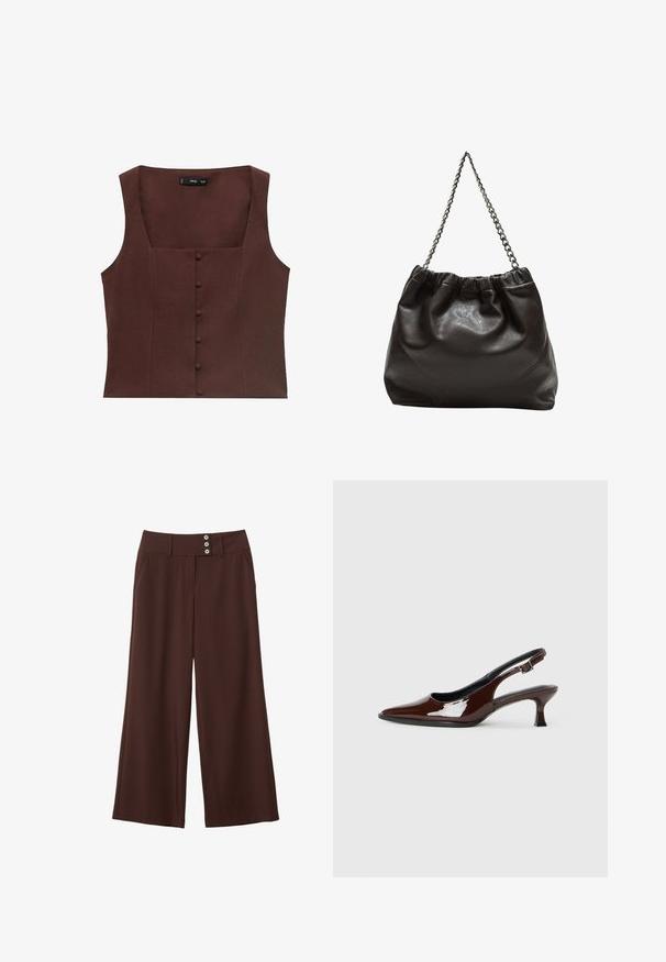 Brahk top brez rokavov s kvadratnim izrezom, ki ima sprednje gumbne detajle in gladko, teksturirano blago.; Rjave široke hlače iz gladkega materiala, ki vključujejo dva stranska žepa in pas z tremi dekorativnimi gumbi.; Rjavi lakirani slingback čevelj z ostro konico in zmerno peto. Ima zaponko za varno prileganje. Gladka tekstura.; Rjava usnjena torba z nabranim vrhom in verižnim trakom. Gladka tekstura z sijajno površino in subtilnimi šivi na straneh.