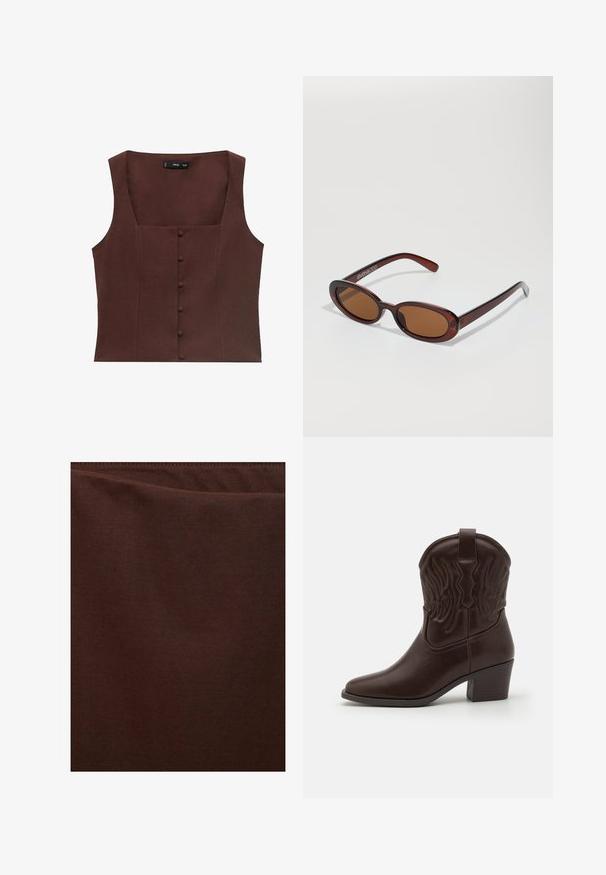 Brown sleeveless top with a square neckline, featuring front button details and a smooth, textured fabric.; Dark brown fabric, smooth texture, slightly shiny finish, no visible patterns or accents, features a clean and simple design.; Brown leather cowboy boots featuring pointed toes, embossed wing patterns, a mid-height block heel, and a pull tab at the back.; Round, brown-tinted sunglasses with a glossy burgundy frame. Slim arms with subtle branding detail. Flat lens design.