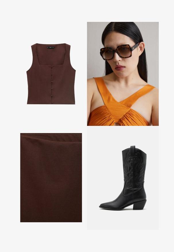 Brown sleeveless top with a square neckline, featuring front button details and a smooth, textured fabric.; Dark brown fabric, smooth texture, slightly shiny finish, no visible patterns or accents, features a clean and simple design.; Black leather cowboy boot with pointed toe, embossed swirling patterns, and a mid-height heel. Features a pull tab for easy wear.; Brown tortoiseshell oversized sunglasses with a wide rectangular frame and gradient lenses. Gold logo detail on the side.