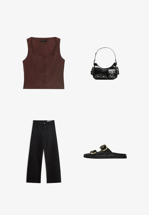Brahk top brez rokavov s kvadratnim izrezom, ki ima sprednje gumbne detajle in gladko, teksturirano blago.; Črne široke denim hlače z visokim pasom, ki imajo sprednje in zadnje žepe, šivane šive ter gumbasto zapiranje. Gladka tekstura.; Črne drsne sandale z dvema zlatima zaponkama, gladkega materiala, ravnim podplatom in minimalističnim dizajnom.; Črna lakasta usnjena torbica s ukrivljeno obliko, enim ramenskim trakom, sprednjimi žepi in srebrnimi kovinskimi dodatki.