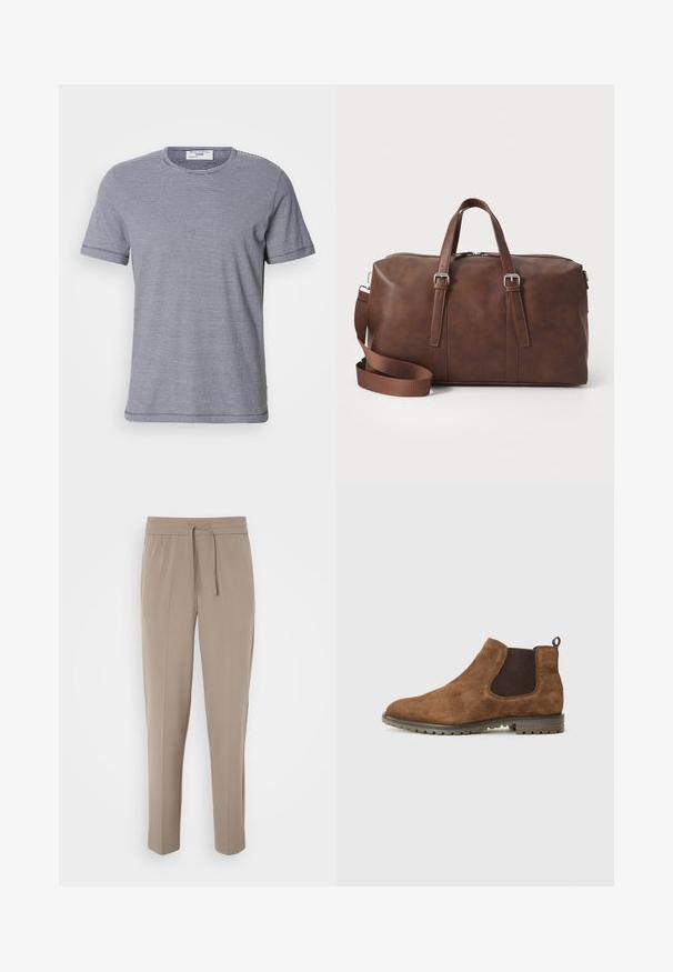 T-shirt de manga curta às riscas em azul-marinho e branco, com decote redondo, tecido suave e detalhe de costura subtil ao longo dos ombros.; Calças bege claras com cintura elástica, cordão ajustável e pernas ajustadas. O tecido parece suave com um leve brilho.; Bota Chelsea de camurça castanha com painéis laterais elásticos, uma alça na parte trás e uma sola de borracha texturizada com ranhuras para tração.; Mala de viagem de couro castanho com alças superiores, alça destacável, fecho com zip e textura elegante. Design minimalista sem logótipos visíveis.