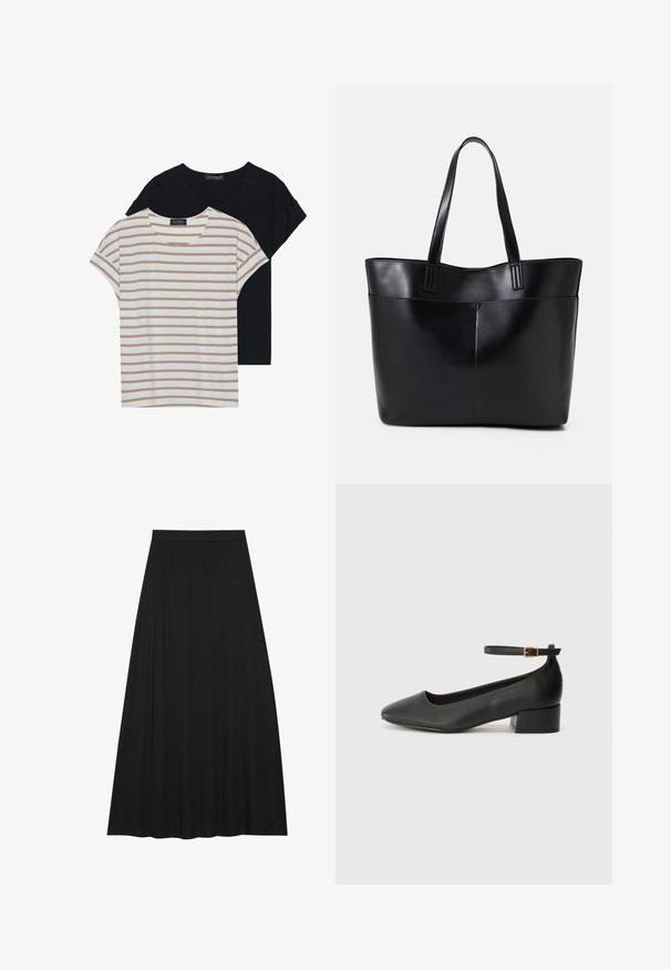 Dve tričká: jedno čierne, jedno biele s béžovými pruhmi. Obe majú okrúhle výstrihy a krátke rukávy, vyrobené z mäkkej, ľahkej látky.; Čierna maxi sukňa vyrobená z jemnej, splývavej tkaniny. Má elastický pás a plný, áčkový strih s hladkou textúrou.; Čierne kožené lodičky s špicatou špičkou a nízkym blokovým podpätkom. Obsahuje remienok okolo členka so zlatým prackou. Hladký povrch.; Čierna kožená tote taška s dvoma dlhými rúčkami, hladkým povrchom a štruktúrovaným tvarom. Obsahuje prednú kapsu pre dodatočné uskladnenie.
