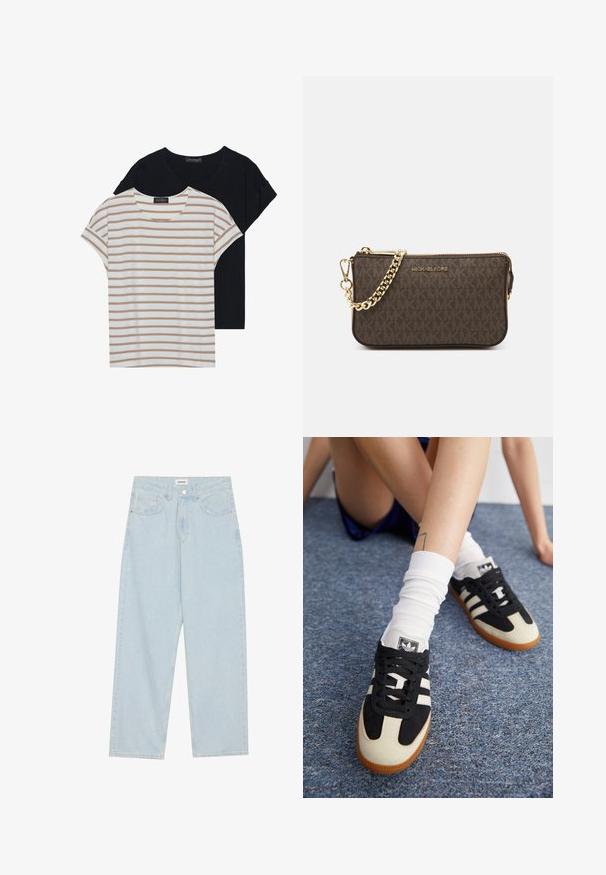 Two T-shirts: one black, one white with beige stripes. Both have round necks and short sleeves, made of soft, lightweight fabric.; Light blue wide-leg jeans made of denim, featuring a mid-rise waist, five pockets, and a button closure with a slim metal accent.; Black and white athletic shoes with a suede and leather upper, featuring three white stripes and a gum sole. Pair worn with white socks.; Brown leather crossbody bag with logo pattern, gold chain strap, zipper closure, and gold hardware accents. Compact and rectangular shape.