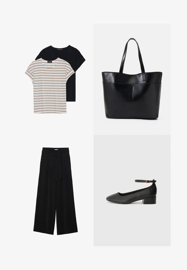 Duomenys T-shirtai: vienas juodas, kitas baltas su smėlio spalvos juostelėmis. Abu turi apvalius kaklus ir trumpas rankoves, pagaminti iš minkštos, lengvos medžiagos.; Juoda plačių kojų kelnės, pagamintos iš tekstūruoto audinio, su elastingu juosmeniu ir atsegamu diržu juosmenyje, leidžiančiu reguliuoti dydį.; Juodas odinis aukštakulnis batelis su smailiu pirštu ir žemu bloku. Su kulkšnies dirželiu su auksinės spalvos sagtimi. Lygus paviršius.; Juoda odinė rankinė su dviem ilgais diržais, lygiu paviršiumi ir struktūrizuota forma. Yra priekinė kišenė papildomam saugojimui.