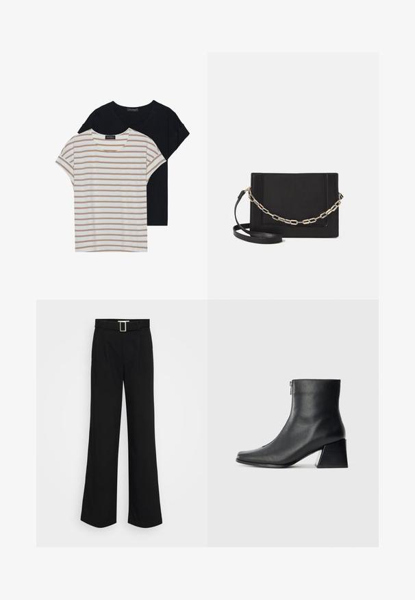 Two T-shirts: one black, one white with beige stripes. Both have round necks and short sleeves, made of soft, lightweight fabric.; Black wide-leg trousers made of lightweight fabric, featuring a smooth texture, front pleats, and a belt with a square metal buckle.; Black leather ankle boot with square toe, side zipper, and block heel against plain light background.; Black leather crossbody bag featuring a smooth texture, rectangular shape, and a metallic chain detail on the front. Adjustable strap included.