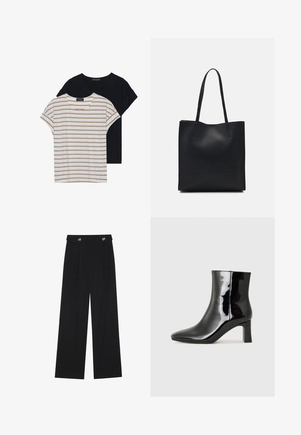 Dos camisetas: una negra y una blanca con rayas beige. Ambas tienen cuello redondo y mangas cortas, y están hechas de una tela suave y liviana.; Pantalones de pierna ancha negros con cintura alta, detalles de botones en la cinturilla y pliegues en la parte delantera.; Botín de charol negro con punta afilada y un tacón de bloque de altura media. Textura suave y diseño minimalista.; Bolso tote de cuero negro con textura lisa, forma rectangular y dos asas largas. Sin herrajes ni adornos visibles.