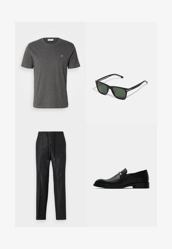 GANT PRINTED ARCHIVE SHIELD - Pamata T-krekls - antracit melange; Melnas svītrainas bikses, izgatavotas no gluda auduma, ar ērtu elastīgu jostu un sašūta stila akcentiem. Satur diskrētu logotipa detalizāciju.; Melna ādas vīriešu loafer kurpe ar metāla sprādzi, zemu papēdi un zīmola zoli, attēlota no sāniem uz baltā fona.; BOSS Saulesbrilles - black