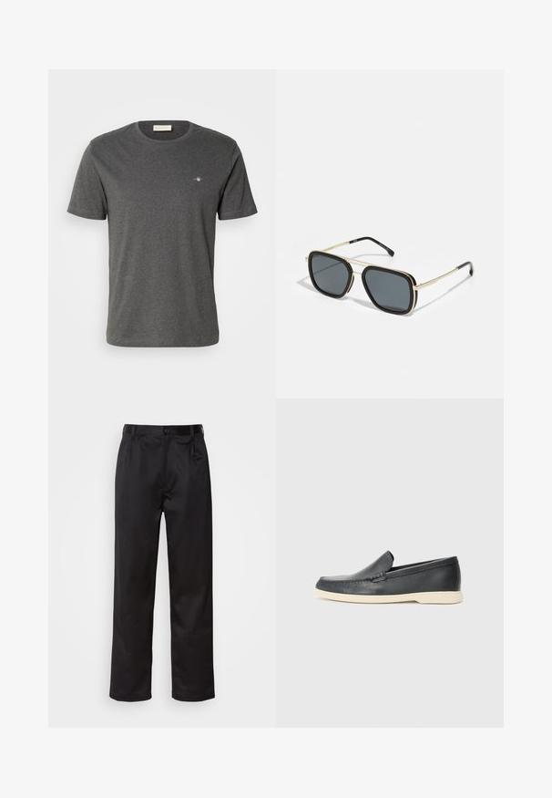 GANT PRINTED ARCHIVE SHIELD - Osnovna majica kratkih rukava - antracit melange; Crne hlače od glatkog materijala, s prednjim zatvaranjem na dugme, pregibima i ravnim nogavicama. Nema vidljivih uzoraka ili akcenta.; Crne kožne cipele na slip-on s teksturiranim završetkom i kontrastnom bež gumom. Imaju suptilan naglasak duž prednje strane.; Crne i zlatne sunčane naočale s kvadratnim oblikom, metalnim okvirom, tamnosivim lećama i crnim vrhovima okvira. Imaju dizajn s dvostrukim mostom.