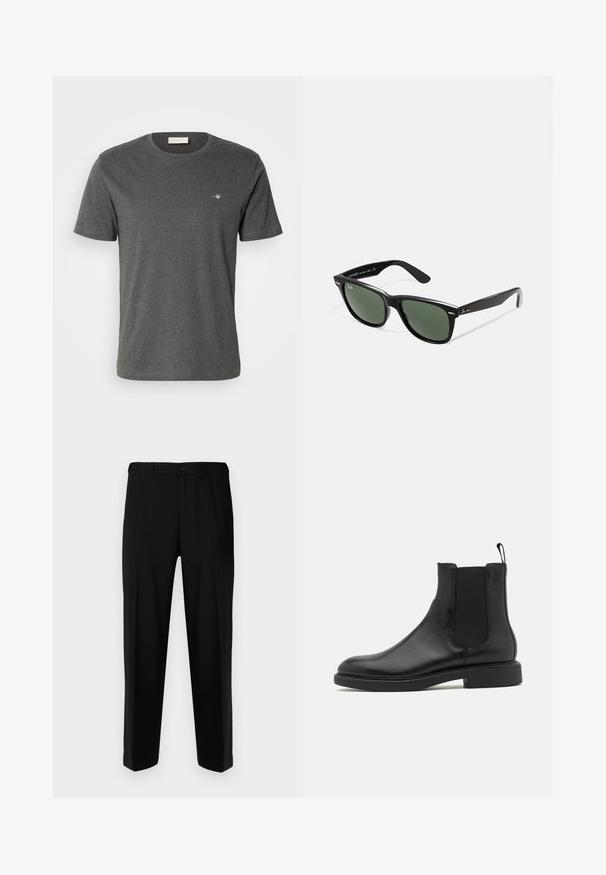 GANT PRINTED ARCHIVE SHIELD - Tricou basic - antracit melange; Pantaloni negri dintr-un material neted, cu o croială dreaptă, două buzunare frontale și fermoar cu sistem de închidere cu buton.; Botine negre din piele cu textură netedă, cu panouri elastice laterale și un tab pentru a fi tras. Vârf rotund și talpă plată din cauciuc cu uzură minimă.; Ochelari de soare din plastic negru cu lentile verzi, rame pătrate, accent argintiu pe sprânceană și brațe texturate. Marca este menționată pe brațul interior.