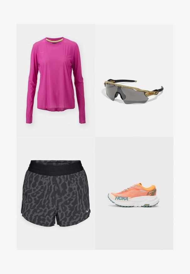 HOKA AIROLITE RUN LONG SLEEVE - Long sleeved top - fuschia; Black and gray leopard print shorts with a wide elastic waistband, featuring a subtle sheen and a small white Nike logo on the lower right.; Orange and pink running shoe with mesh upper, white midsole, Vibram outsole, and light blue accents. Features HOKA branding on the side.; Sport sunglasses with a green patterned frame, black arms, and gray lenses. The design features a wraparound style with a bold, sporty shape.