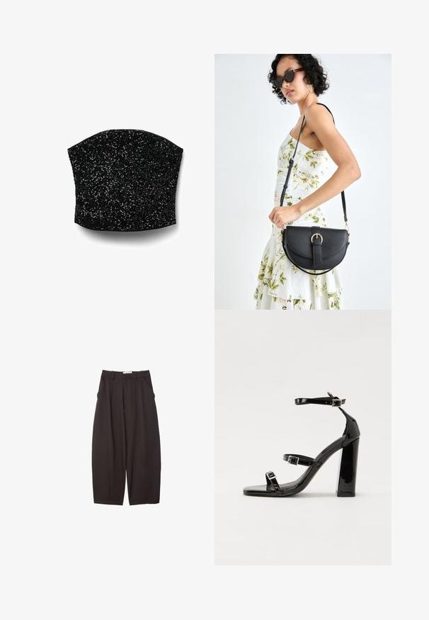 Zwarte pailletten corset bovenkant met een gestructureerde vorm, soepele textuur en een getailleerd ontwerp. Kenmerkt glinsterende pailletten in een vloeiende patroon.; Zwarte wijde broek gemaakt van een gladde stof, met een hoge taille, voorplooien en zijzakken. Eenvoudig ontwerp zonder versieringen.; Zwarte gepatenteerde sandalen met hak en een vierkante neus, enkelbandjes en zilveren gespen. Heeft een stevige blokhak voor stabiliteit.; Zwarte leren handtas met een gebogen vorm, afneembare schouderband en gouden hardware. De tas heeft een klep met een gespsluiting.; Zilveren oorbellen in een gladde, ronde vorm met een gepolijste afwerking. Ze zijn dun en lichtgewicht, met een eenvoudige haaksluiting.