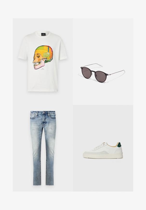 White cotton t-shirt featuring a colorful skull graphic in shades of yellow, orange, and pink. Tag at the neckline reads "Paul Smith."; Light blue denim jeans with a faded finish, slim fit design, five pockets, and contrasting stitching at the seams.; White sneaker with suede accents, rounded toe, flat laces, and a cream rubber sole. Features green branding on the heel.; Black round sunglasses with dark lenses and slim metal arms. Includes clear temple tips and silver accents at the hinge. Minimalist design.