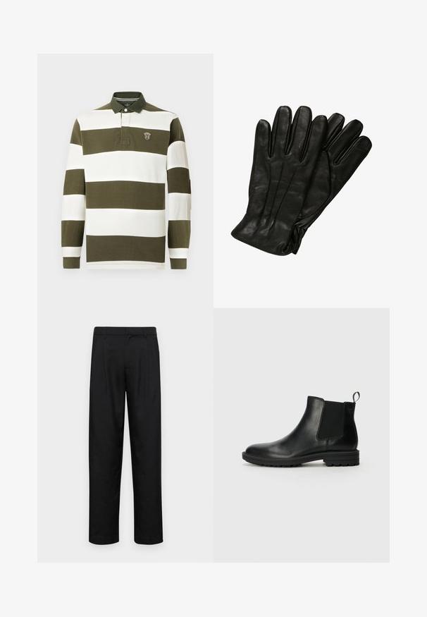 Lange mouw polo met brede olijfgroene en witte strepen, voorzien van een kraag, knoopsluiting en een geborduurd logo op de borst.; Zwarte broeken van gladde stof, met een recht model, twee voorknikken en een standaard tailleband met riemlussen.; Jack & Jones JFWHOSKINS - Korte laarzen - anthracite; Zwarte leren handschoenen met een gladde textuur, vijf vingers en subtiele stiksels. Klassiek ontwerp, geschikt voor gebruik in koud weer.