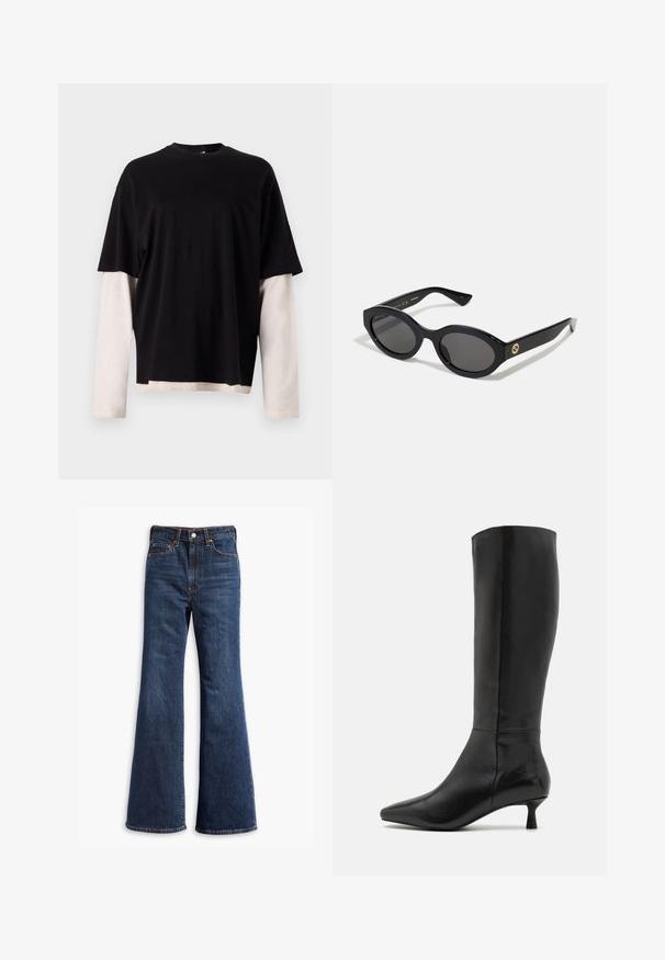 Musta lyhythihainen T-paita, jonka alla on vaaleanbeige pitkähiha. Puuvillakangasta, rento malli, pyöreä kaula-aukko ja sivusaumadetaileja.; Korkeavyötäröiset tummansiniset farkut, joissa on leveät lahkeet, etuvetoketju ja napin sulkeminen sekä viisi taskua.; Zign Saappaat - black; Mustat soikeat aurinkolasit tummilla linsseillä ja kiiltävästä muovista valmistetulla kehällä. Varustettu kullanvärisellä logolla temppeleissä, tarjoten tyylikkään ja modernin muotoilun.