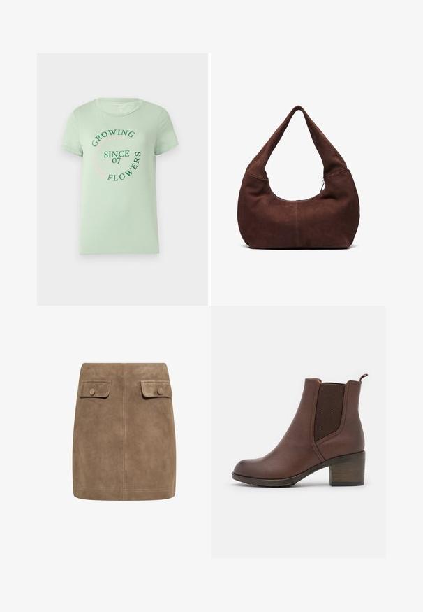 Light green cotton t-shirt with short sleeves. Front features circular text: "Growing Flowers Since 07" in green and pink. Rounded neckline.; Brown suede mini skirt with a smooth texture, featuring two front flap pockets and button closures on each side. Simple, straight design.; Brown leather ankle boot with a smooth finish, elastic side panels, a rounded toe, and a moderate wooden heel.; Brown suede hobo bag with a curved, wide handle and a large opening. Soft texture with visible stitching detailing along the edges.