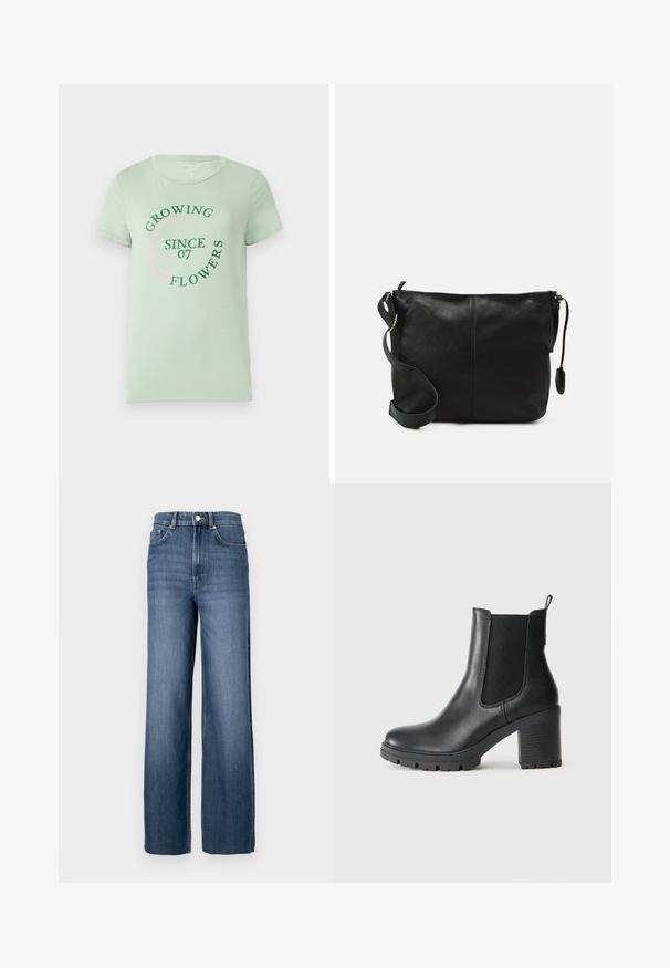 Camisa de algodón verde claro con mangas cortas. En el frente presenta un texto circular: "Cultivando Flores Desde 07" en verde y rosa. Con cuello redondeado.; Vaqueros de denim azul con una cintura alta y corte de pierna ancha. Presentan un diseño clásico de cinco bolsillos y detalles de botón de metal.; Bota de tobillo de cuero negro con paneles laterales elásticos, suela de goma gruesa y un alto tacón de bloque. Presenta una lengüeta en la parte trasera.; Bolso cruzado de cuero negro con forma plana, acentos de hardware dorado y correa ajustable. Textura suave con detalles de costura mínimos.