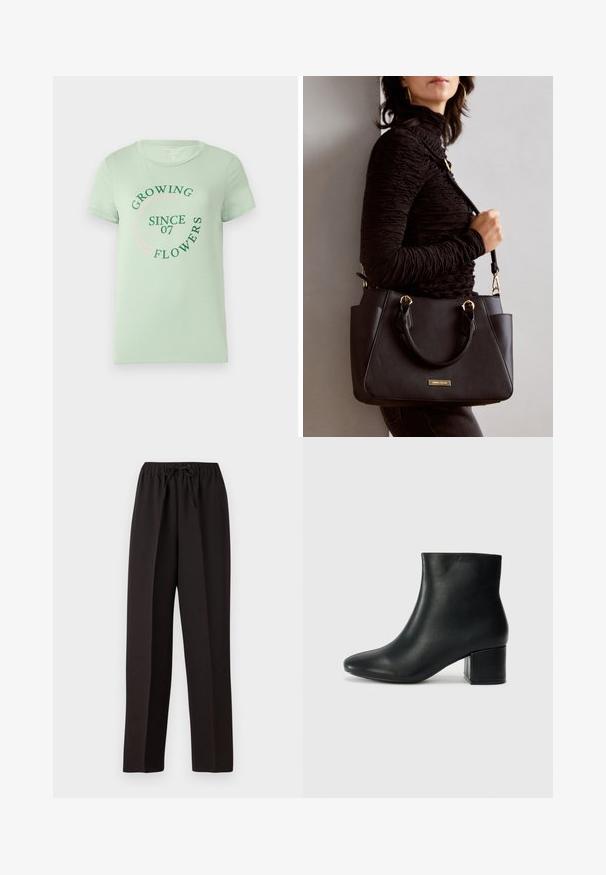 T-shirt de algodão verde claro com mangas curtas. A parte da frente apresenta texto circular: "Crescendo Flores Desde 07" em verde e rosa. Decote arredondado.; Calças largas e pretas, com um cós elástico e cordão ajustável. Feitas de um tecido liso e leve, sem padrões visíveis.; Botas de tornozelo em pele preta com bico pontiagudo e um salto robusto. Textura suave com acentos mínimos e um design ajustado e elegante.; Bolsa preta com superfície texturizada, alças superiores duplas e alça de ombro ajustável. Apresenta ferragens em tom dourado e bolsos laterais.