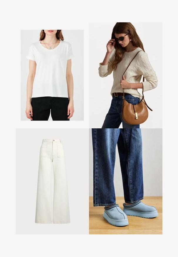 Biała koszulka z dekoltem w serek i podwiniętymi krótkimi rękawami, wykonana z miękkiego materiału. Ma proste krojenie i jest noszona z czarnymi spodniami.; Spodnie dżinsowe o szerokich nogawkach w odcieniu off-white. Wysoki stan z zapięciem na guzik, dwiema kieszeniami z przodu i detalami z kontrastowym przeszyciem.; Niebieskie zamszowe buty UGG na luzie z grubą podeszwą, noszone z niebieskimi dżinsami na drewnianej podłodze na tle jednolitego koloru.; Brązowa skórzana torba na ramię o zaokrąglonym kształcie z złotymi detalami. Modelka ma na sobie kremowy sweter w warkocze i niebieskie dżinsy.
