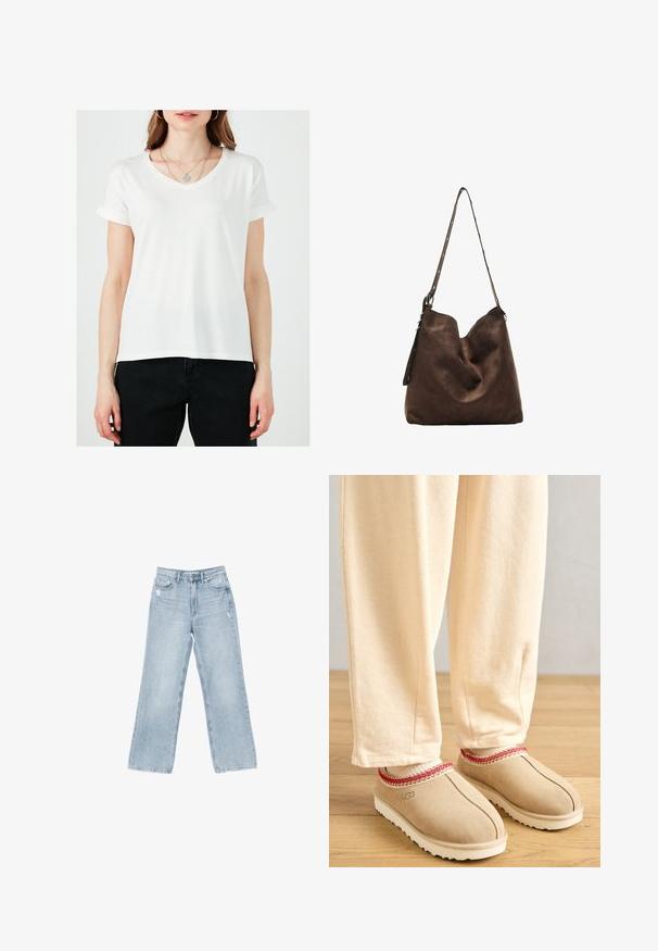 T-shirt bianco a scollo a V con maniche corte arrotolate, realizzato in tessuto morbido. Presenta una linea dritta ed è indossato con pantaloni neri.; Jeans in denim azzurro chiaro con taglio a gamba larga, dettagli strappati, design a cinque tasche e chiusura con zip.; Zoccoli in suede color nocciola con un bordo decorativo rosso e suola in gomma bianca, abbinati a pantaloni beige chiaro, posati su un pavimento di legno.; Borsa hobo in suede marrone con una parte superiore curva, una lunga tracolla con dettagli a pois e una consistenza morbida. Presenta un design morbido per un uso casual.