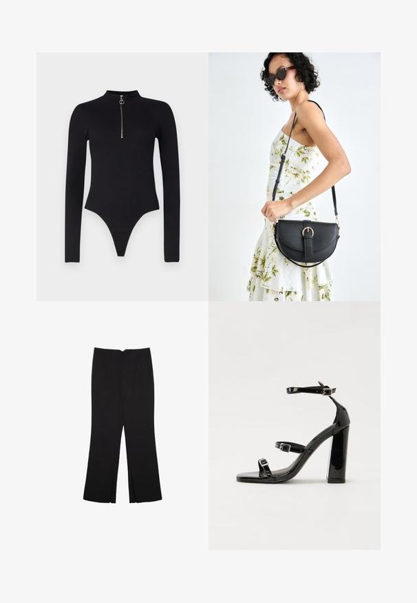 Noisy May NMTONI BODY - Top s dlouhým rukávem - black; Černé kalhoty s rovným střihem, s předními kapsami a bočními rozparky na lemu. Vyrobené z jemné, hladké tkaniny. Vhodné na různé příležitosti.; Černé lakované sandály na vysokém podpatku se dvěma pásky se sponami, čtvercovou špičkou a robustním blokovým podpatkem, s hladkou, lesklou texturou.; Černá kožená kabelka s křivkovým tvarem, odnímatelným popruhem a zlatými detaily. Kabelka má klopu s přezkou.