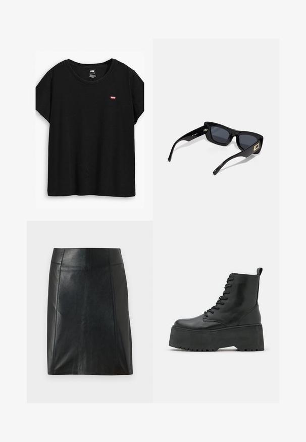 Melna īsām piedurknēm t-krekls, izgatavots no mīksta auduma, ar apaļu kakla izgriezumu un mazu sarkanu Levi's logo kreisajā pusē.; Melnas ādas svārki ar pieguļošu dizainu. Gluda tekstūra, šuves izceļ formu un taisna apakšmalu. Minimālistiska un eleganta izskata.; Melni potītes zābaki ar masīvu platformu, izgatavoti no gludas ādas, ar šņorēšanas dizainu un cilpu aizmugurē.; Le Specs UNISEX - Saulesbrilles - black; Sudraba auskari ar gludu, izliekta dizaina. Tie ir ar pulētu apdari un ir aprīkoti ar aizdari, kas nodrošina drošu valkāšanu.