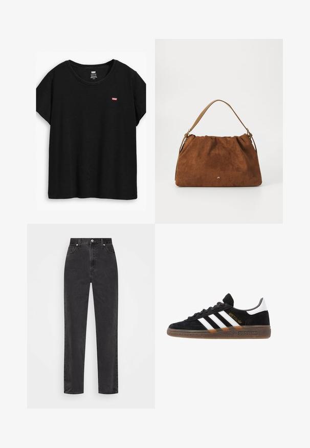 Čierne tričko s krátkymi rukávmi vyrobené z mäkkého materiálu, s okrúhlym výstrihom a malým červeným logom Levi's na ľavej strane.; Čierne džínsy s rovnými nohavicami a vysokým pásom, s predným zapínaním na gombík a zips, a štýlom s piatimi vreckami na bielom pozadí.; Čierne tenisky Adidas so bielymi pruhmi, zlatým textom "Spezial", gumenou podrážkou a bielym zadným pútkom, zobrazené z bočného pohľadu.; Hnedá semišová kabelka s nariaseným dizajnom, s jedným koženým remienkom v svetlohnedej farbe a jemným zlatým logom na prednej strane.