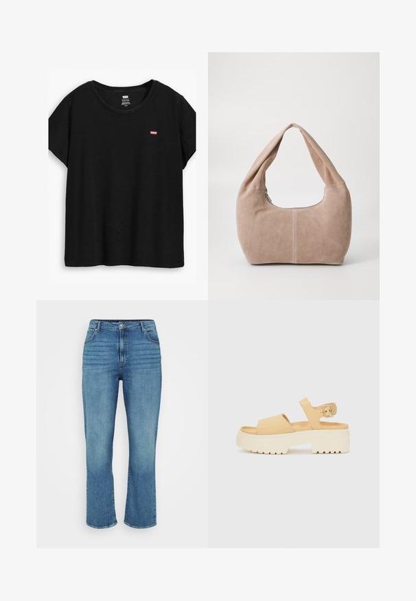 Tricou negru cu mânecă scurtă, fabricat dintr-un material moale, cu un decolteu rotund și un mic logo roșu Levi's pe partea stângă.; Jeanși din denim de culoare bleu deschis, cu un design drept, având cinci buzunare, bucle pentru curea și o decolorare subtilă pe față.; Sandal galben din piele ecologică cu un toc platform alb gros. Dispune de două curele late și o curea ajustabilă pentru gleznă cu o cataramă metalică.; Geantă hobo realizată din material moale, de tip suede, într-o nuanță de bej deschis. Are o formă rotundă, cu o curea lată și închidere cu fermoar.