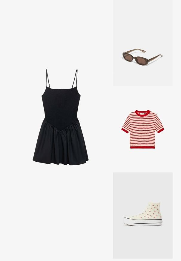 Mango MIMOI - Majica kratkih rukava s printom - red; Crna haljina s nabranim korzetom i podesivim trakama. Suknja je nabrana, stvarajući oblik u obliku zvona. Glatka tekstura kroz cijelu haljinu.; Visoki tenisice od žutog platna s uzorkom malih crvenih jagoda, bijelim vezicama i bijelim potplatom s crnim prugama.; Smeđe ovalne sunčane naočale s tamnim staklima. Okvir je od prozirnog smeđeg materijala i ima otisnut logo na sljepoočnicama.