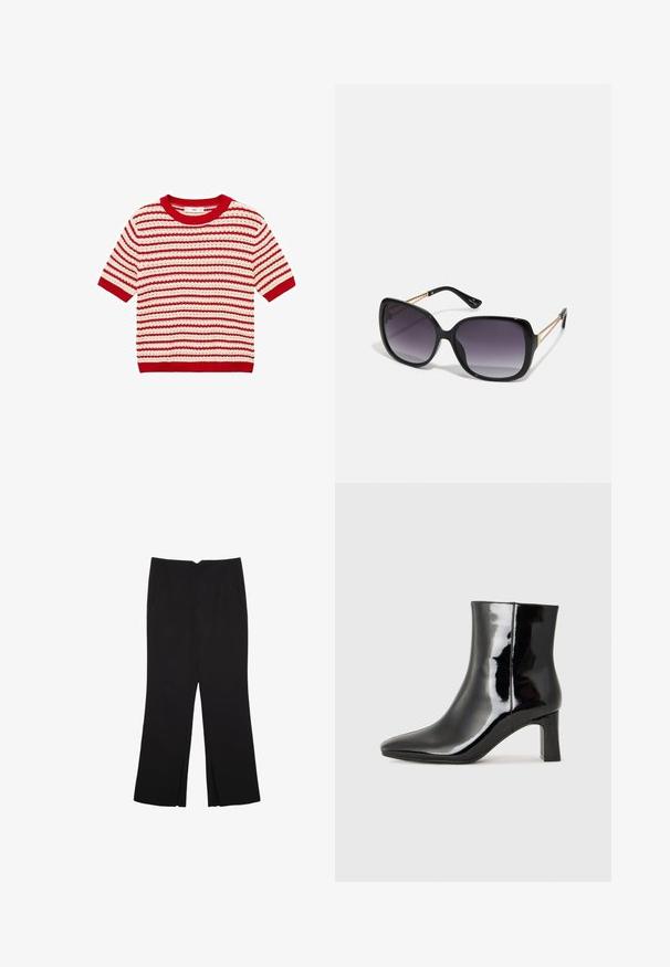Mango MIMOI - Tričko s potlačou - red; Čierne nohavice so strihom rovného strihu, s prednými vreckami a bočnými rozparkami na leme. Vyrobené z mäkkej, hladkej tkaniny. Vhodné na rôzne príležitosti.; Čierne lakované členkové topánky s špicatou špičkou a stredne vysokým blokovým podpätkom. Hladká textúra a minimalistický dizajn.; Čierne oversized slnečné okuliare s gradientovými sklíčkami, hrubými rámami a zlatým retiazkovým detailom na stranách.; Mnohofarebná taška cez rameno s čiernou, bielou a béžovou sieťou. Obsahuje štruktúrovanú rukoväť, dizajn so šnurovaním a odnímateľný ramenný popruh.