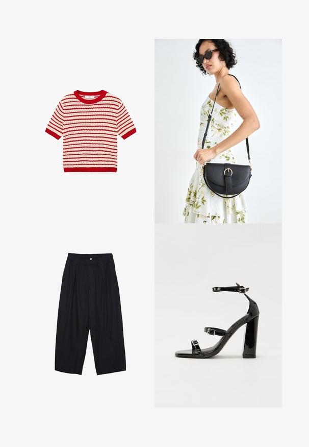 Mango MIMOI - T-Shirt print - red; Schwarze Polyester-Culotte mit einem elastischen Bund, zwei vorderen Falten und einer lockeren Silhouette. Keine sichtbaren Muster oder Hardware-Details.; Schwarze patentierte Sandalen mit Absatz, quadratischer Spitze, Knöchelriemen und silbernen Schnallen. Mit einem stabilen Blockabsatz für mehr Stabilität.; Schwarze Lederhandtasche mit geschwungener Form, abnehmbarem Tragegurt und goldenen Beschlägen. Die Tasche verfügt über einen Deckel mit einer Schnallen-Details.