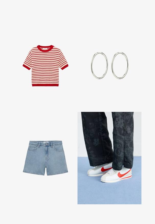 Mango MIMOI - Potiskana majica - red; Svijetloplave traper kratke hlače s visokim strukom, četiri džepa i kopčom na dugme. Imaju klasični ravni kroj nogavica i strgane rubove.; Bele Nike teniske z rdečimi akcenti, v kombinaciji z črnimi hlačami s cvetličnim vzorcem. Tekstura je gladka z ravnim pletenim podplatom.; Srebrni uhani obroči z gladko, polirano površino. Okrogla oblika, lahka zasnova, ki vključuje varen sistem zapiranja.