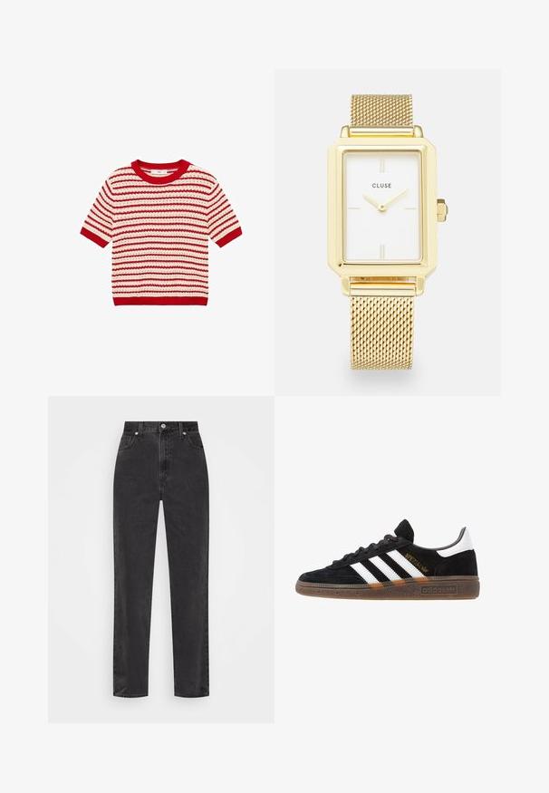 Mango MIMOI - T-shirts print - red; Sorte denim jeans med lige ben, høj talje, foran knap og lynlås, samt fem-lomme stil på en hvid baggrund.; Sort Adidas sneakers med hvide striber, guld "Spezial" tekst, gummisål og hvid hælflap, vist i profil.; Guldfarvet rektangulært ur med en hvid urskive, minimalistiske timeindikatorer og et nettet metalarmbånd. Har en sidekrone til justering af tiden.