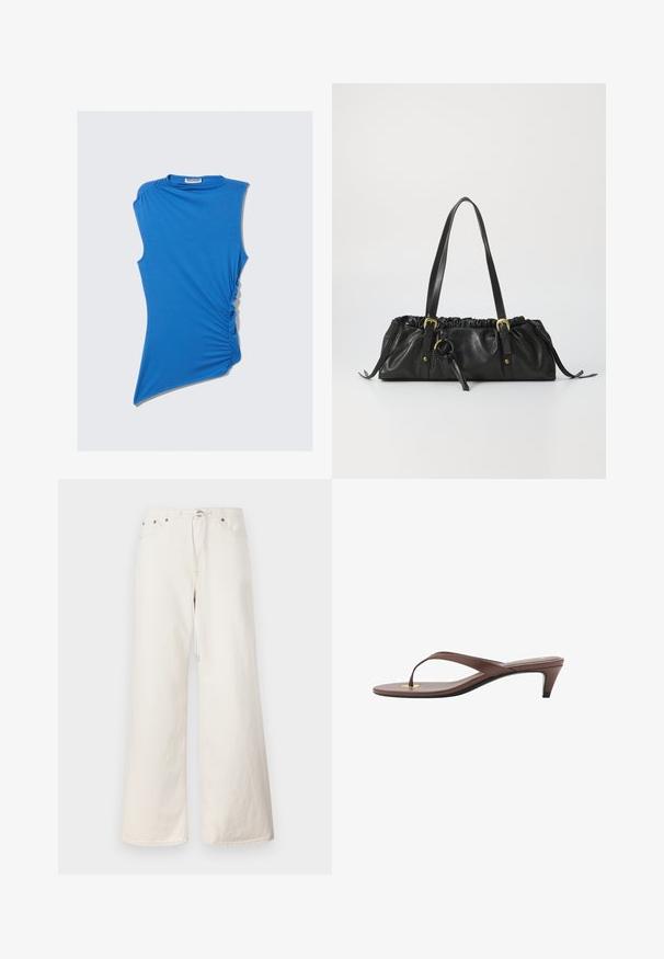 Top blu senza maniche realizzato in tessuto morbido, caratterizzato da arricciature laterali e un orlo asimmetrico per un design moderno e unico.; Pantaloni in denim bianchi a gamba larga con vita regolabile tramite cordoncino, tasche frontali e dettagli di cucitura discreti. Realizzati in robusto cotone.; Infradito con tacco marroni, dotati di una fascia sottile e un puntale arrotondato, con un piccolo dettaglio dorato sulla soletta.; Borsa a tracolla nera in pelle con parte superiore arricciata, due manici, dettagli in metallo dorato e un accent centrale circolare. Texture liscia, forma compatta.