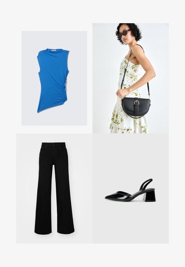 Top azul sem mangas feito de tecido macio, com franzidos laterais e uma bainha assimétrica para um design único e moderno.; Calças largas pretas em denim, com uma cintura estruturada, passantes para cinto e bolsos frontais. Textura suave com um design clássico.; Sandy em verniz preto com salto slingback, ponta afilada e salto geométrico. Apresenta um design elegante e minimalista com textura suave.; Bolsa de couro preta com forma curva, alça destacável e detalhes em dourado. A bolsa possui uma aba com detalhe de fivela.