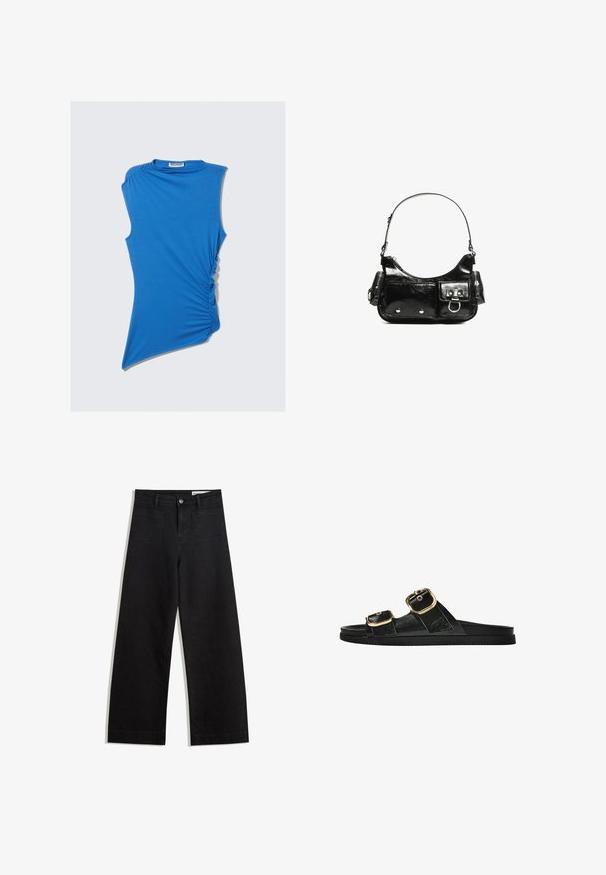 Modrá bezrukávová blúzka z jemného materiálu, s bočným nariasením a asymetrickým lemom pre jedinečný a moderný dizajn.; Čierne denimové nohavice s širokými nohavicami a vysokým pásom, so prednými a zadnými vreckami, šitými švami a zapínaním na gombík. Hladká textúra.; Čierne šľapky s dvoma zlatými prackami, hladký textúrovaný materiál, plochá podrážka a minimalistický dizajn.; Čierna laková kožená kabelka s ohnutým tvarom, jedným ramenným popruhom, prednými vreckami a striebornými kovovými doplnkami.