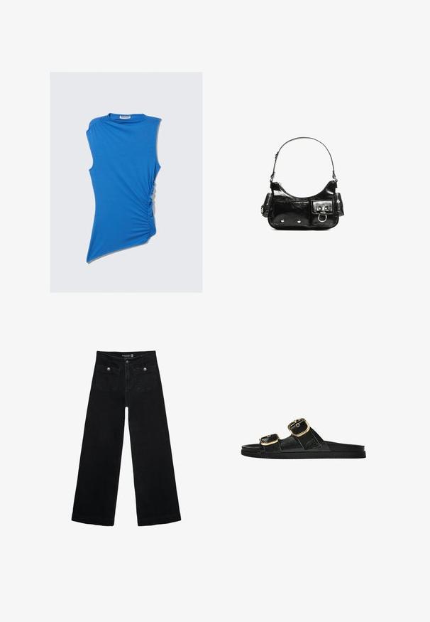 Modrý top bez rukávů vyrobený z měkké látky, s bočním nařasením a asymetrickým lemem pro jedinečný, moderní design.; Černé široké džíny s vysokým pasem, obsahující dvě přední kapsy a kovové knoflíkové detaily. Látka má hladkou texturu.; Černé kluzné sandály s dvěma zlatými sponami, hladkým texturovaným materiálem, plochou podrážkou a minimalistickým designem.; Černá lakovaná kožená kabelka s křivkovým tvarem, jedním ramenním popruhem, předními kapsami a stříbrnými kovovými detaily.