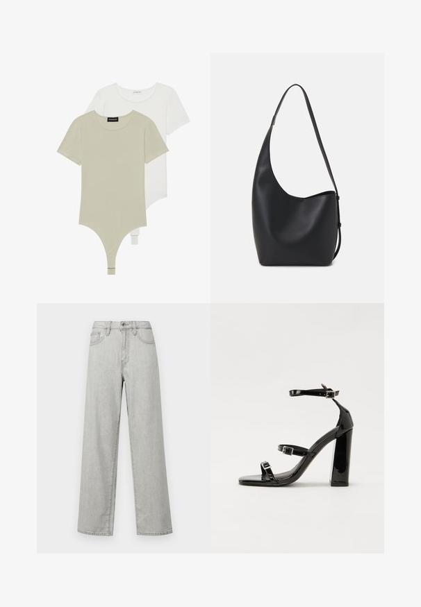 Dve body s krátkym rukávom v svetlozelenej a bielej farbe, vyrobené z jemnej bavlny. Obsahujú výstrih do véčka a tangá s patentným zapínaním.; Svetlo šedé široké džínsy z denimu, s vysokým pásom, prednými vreckami a štandardným zapínaním na gombík a zips.; Čierne lakované sandále na podpätku so štvorcovou špičkou, navlečenými remienkami okolo členku a striebornými prackami. Disponujú masívnym blokovým podpätkom pre stabilitu.; Čierna kožená hobo taška so hladkou textúrou, zakriveným tvarom a jedným nastaviteľným popruhom; má široké otvorenie na vrchu.