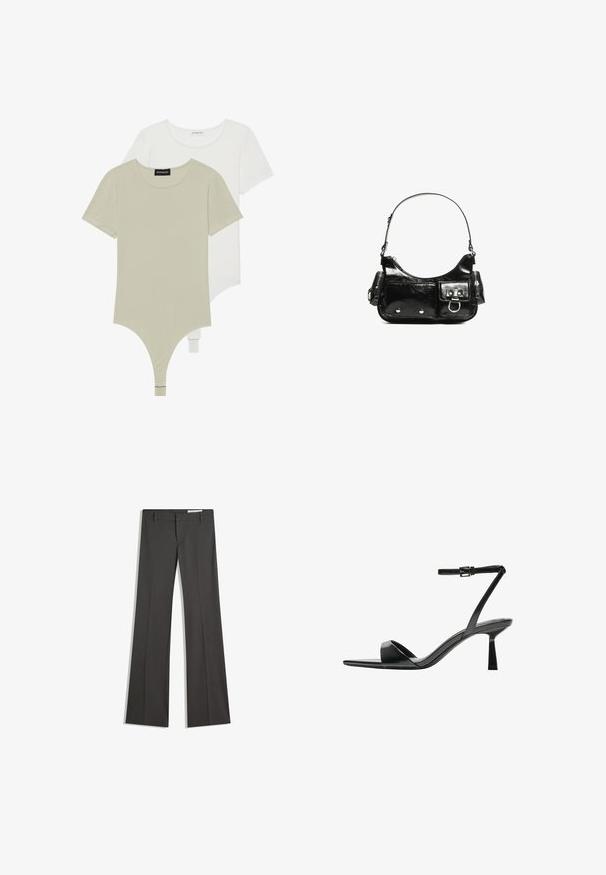 Două body-uri cu mânecă scurtă, în verde deschis și alb, confecționate din bumbac moale. Au decolteu rotund și fund de tip thong cu închidere tip clapetă.; Pantaloni gri evazați dintr-un material neted, cu un front plat, bucle pentru curea și un design ajustat cu linii curate.; Bershka Sandale cu toc - black; Geantă de mână din piele lăcuită neagră, cu o formă curbată, un umăr, buzunare frontale și accente din metal argintiu.