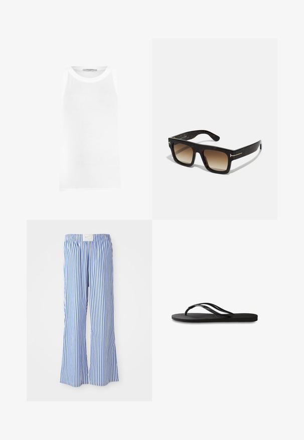 Valge ilma varrukateta top, mis on valmistatud ribakudumist, ringikujulise kaelusega ja sujuvate servadega mugava istuvuse jaoks.; Sinise ja valge triibuline vabalt lõigatud püksid, valmistatud kergest kangast, millel on elastne vöökoht ja peen logo silt.; Mustad mustes suss, millel on tekstureeritud kummist põhi, kaks peenikest rihma ja tagasihoidlik, reljeefne logo detail rihmal.; Kilpkonnakuuega prillid, millel on ruudukujuline raam, degradee pruuni objektiivi ja peened kuldsed aksessuaarid templitel.; Pruuni suede kott kahe pehme käepideme, vertikaalse rihma ja hõbedase aktsendiga ning laia avatud ülaosaga. Sile tekstuur, minimalistlik disain.