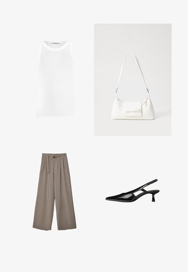 Biely bezrukávový tielko vyrobené z rebrovanej látky, s okrúhlym výstrihom a bezšvovými okrajmi pre hladké priliehanie.; Široké nohavice v jemnej, tlmenej šedej tkanine, s opaskom v pase a vreckami pre dodatočný dizajnový detail. Hladký povrch, bez vzorov.; Čierne lakované kožené lodičky na podpätku s špicatou špičkou, výrezovým dizajnom na boku a malým štvorcovým podpätkom. Hladký povrch s minimálnymi akcentmi.; Biela syntetická kabelka s trojuholníkovým tvarom, plochým predným klapkou a detailom mašle, nastaviteľným popruhom, hladkou textúrou a minimalistickým dizajnom.