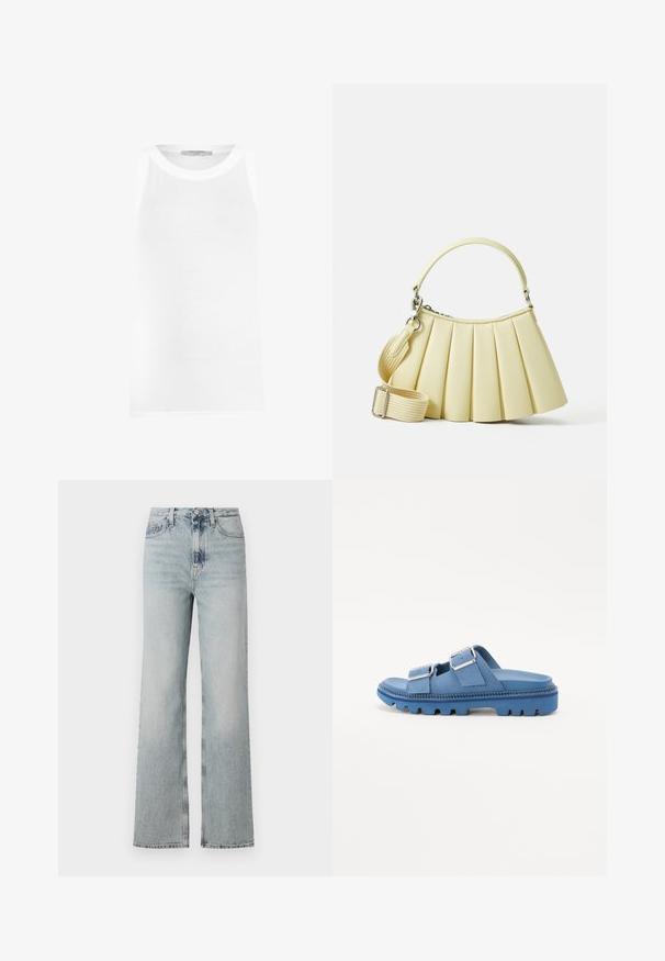 White sleeveless tank top made of ribbed fabric, featuring a round neckline and seamless edges for a smooth fit.; High-waisted, light blue denim jeans with a wide-leg silhouette, featuring five pockets and subtle fading along the fabric.; Blue platform sandals with two adjustable buckle straps, textured rubber sole, and smooth upper material. Chunky, rounded design.; Pleated handbag in soft yellow material with a curved handle. Features a removable adjustable strap and smooth texture with minimal hardware.