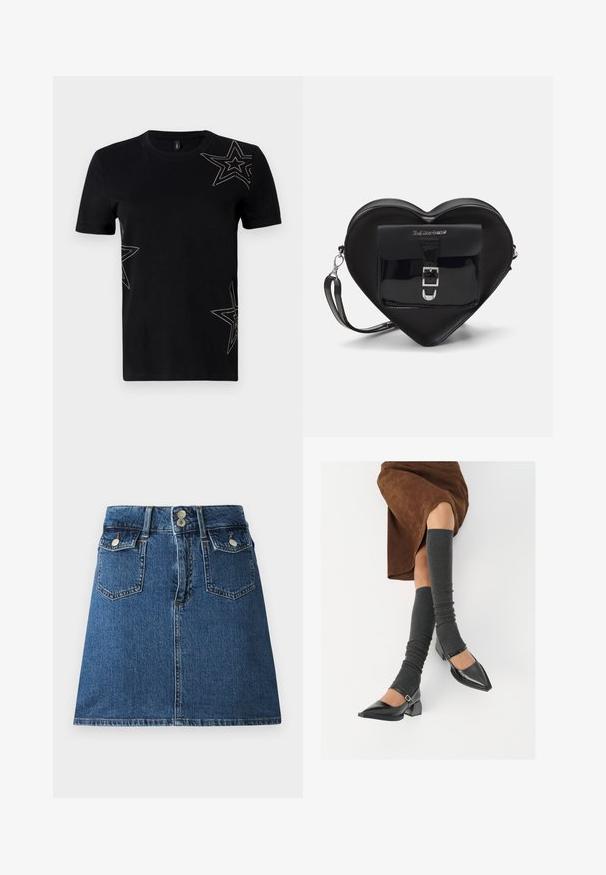 Mustmust särg lühikeste varrukatega, mille esiküljel on kaunistavad tähemotiivid, mis on ääristatud väikeste naeltega.; Sügavsinine teksaseelik, millel on sobiv vöökoht, kaks esikotti, kaks tagakotti ja hõbedatooni nööbid.; Mustad patsaline odav värviga kingad, millel on kreen ja pahkluuring, on paaritatud hallide ribakudumitega sääremiidega ja pruunist nahast seelikuga.; Mustast südamekujulise kotiga, mis on valmistatud lakitud nahast. Ees on tasku, millel on klambri sulgemine ja eemaldatav rihm. Hõbedased detailid.