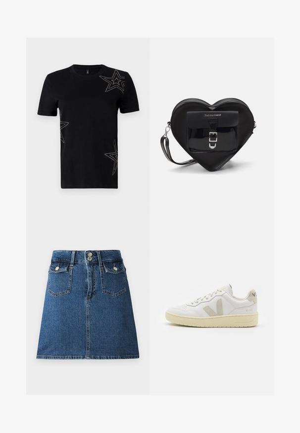 Mustmust särg lühikeste varrukatega, mille esiküljel on kaunistavad tähemotiivid, mis on ääristatud väikeste naeltega.; Sügavsinine teksaseelik, millel on sobiv vöökoht, kaks esikotti, kaks tagakotti ja hõbedatooni nööbid.; Valge nahast tenniseking, millel on beežist siidist aktsent ja aukudega varvas, lame paelad ja tekstureeritud koorevärvi tallad. Omab nüansirikast brändimist kannal.; Mustast südamekujulise kotiga, mis on valmistatud lakitud nahast. Ees on tasku, millel on klambri sulgemine ja eemaldatav rihm. Hõbedased detailid.