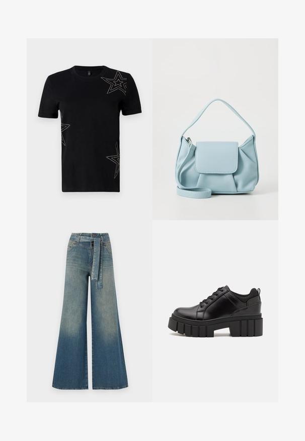 Čierne bavlnené tričko s krátkymi rukávmi, s dekoratívnymi motívmi hviezd obšitými malými cvočkami na prednej strane.; Džínsy s širokými nohavicami, ktoré majú prechod od svetlomodrej po tmavomodrú, vysoký pás, pútka na opasok a opasok z rovnakého materiálu. Textúrovaný denimový povrch.; Čierne kožené platformy s masívnym blokovým podpätkom, okrúhlou špičkou a tradičným šnurovaním. Má hladký povrch a minimálne detaily.; Svetlomodrá kožená kabelka s hornou rukoväťou, prednou klopou a odnímateľným zápästným popruhom na bielom pozadí.