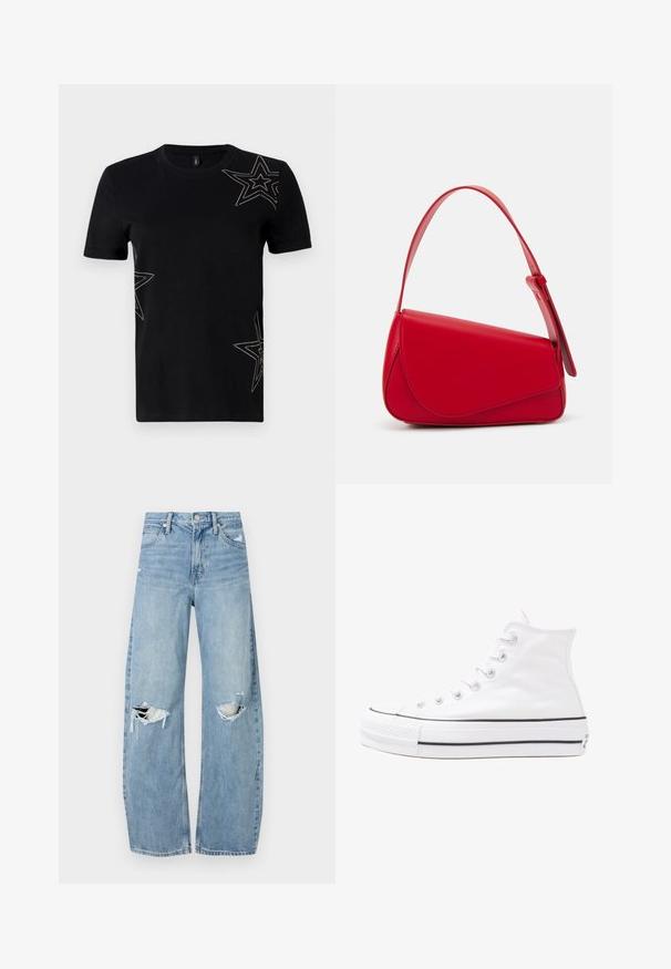 Tricou din bumbac negru cu mâneci scurte, prezentând motive decorative sub formă de stele conturate cu mici piulițe pe față.; Jeans de denim, de un bleu deschis, cu talie înaltă. Au picioare late, două zone rupte la genunchi și un stil clasic cu cinci buzunare.; Adidași albi tip pantofi sport cu glezna din pânză, cu talpă din cauciuc negru, capac de vârf din cauciuc frontal și șase ochiuri pentru șireturi, având un design curat și minimalist.; Geantă de mână din piele roșie, cu un design unghiular și geometric. Dispune de o singură curea ajustabilă și un sistem de închidere cu clapetă, cu detalii cusute.