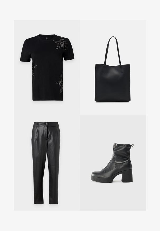 Črna bombažna majica s kratkimi rokavi, ki ima na sprednji strani okrasne zvezdne motive obrobe, ki so oblikovani iz majhnih šeškov.; Črne usnjene hlače z gladko teksturo, ravnim krojem, elastičnim pasom in sprednjim gumbom; nagubani detajli in zoženi nogi.; Črne gležnjarje iz gladke kože z božnim zadrgo, masivnim teksturiranim peto in zaobljeno obliko prstov.; Črna usnjena torba s svilnato teksturo, pravokotne oblike in dvema dolgima ročajema. Brez vidnih metalnih delov ali okrasnih elementov.