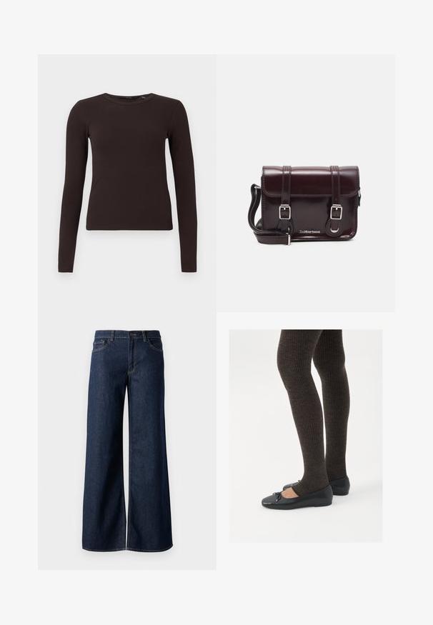 Ciemnobrązowa, żeberkowana bluzka z długim rękawem i okrągłym dekoltem, o dopasowanym kroju, prezentowana na jednolitym białym tle.; Jeansy z szerokimi nogawkami w ciemnoniebieskim denienie. Posiadają kontrastowe przeszycia, pięć kieszeni oraz zapięcie na guzik w talii. Gładka faktura.; Czarne płaskie buty z małym kokardkowym detalem na palcach, zestawione z ciemnobrązowymi rajstopami w prążki. Buty mają gładką teksturę i niski profil.; Bordowa torebka typu crossbody z lakierowanej skóry, w kształcie prostokąta, z dwiema rączkami, srebrnymi akcentami i zapięciem na klapkę.