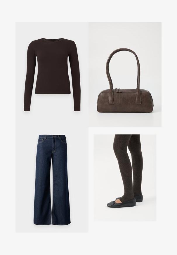 Top a maniche lunghe a girocollo di colore marrone scuro, con un profilo attillato, esposto su uno sfondo bianco neutro.; Jeans a gamba larga in denim blu scuro. Presentano cuciture a contrasto, cinque tasche e una chiusura con bottone in vita. Texture morbida.; Scarpe nere a flat con un piccolo fiocco sulla punta, abbinate a collant a coste marrone scuro. Le scarpe hanno una texture liscia e un profilo basso.; Borsa a mano in pelle marrone con due manici robusti, forma rettangolare, texture liscia e chiusura con zip. Design minimalista senza motivi visibili.